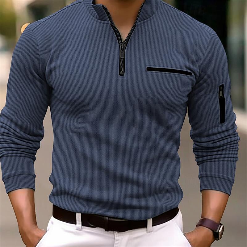 Men's Pullover Sweatshirt Zip Polo Sports Outdoor Casual Standing Collar Quarter Zip Long Sleeve Fashion Basic Plain Quarter Zip Spring &  Fall Regular Fit Dark Navy Brown Green Gray Pullover