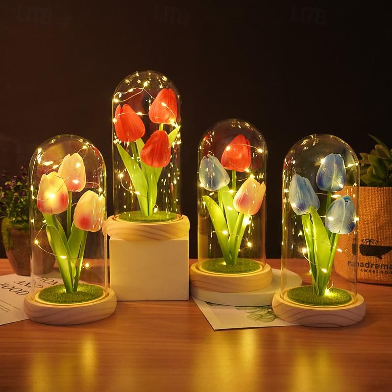 Tulip Glass Cover Creative Night Light for Home Bedroom Decor Mother's Day Valentine's Day Best Gift Battery Power Birthday Gift for Friends