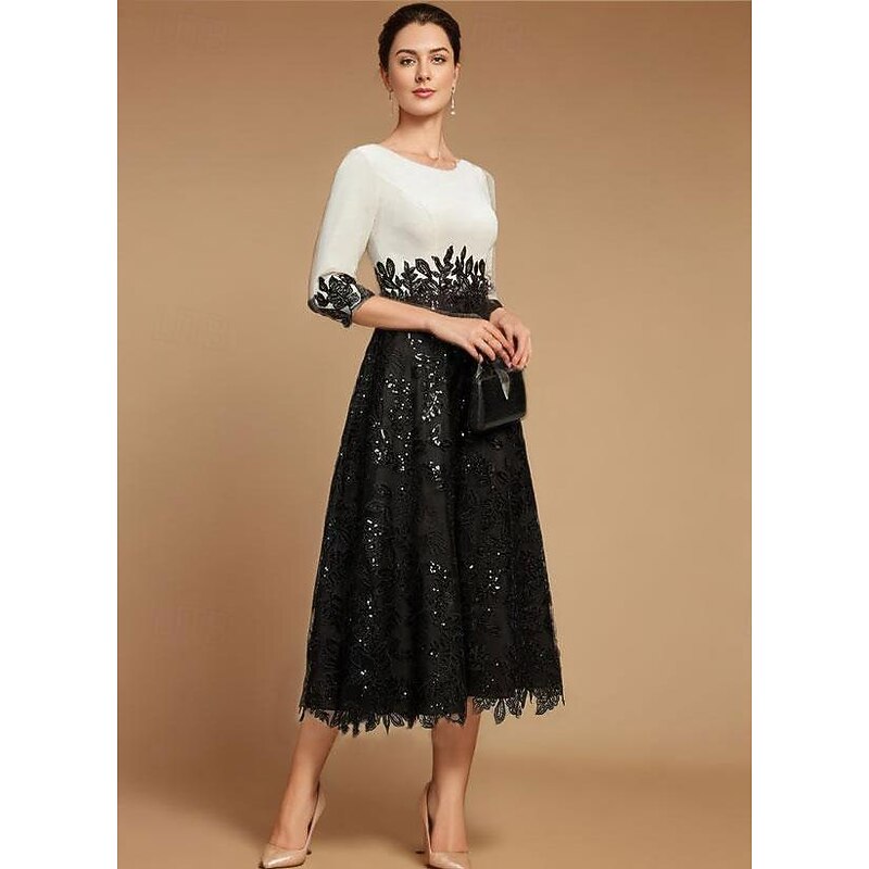 A-Line Mother of the Bride Dress Wedding Guest Elegant Vintage Jewel Neck Tea Length Lace Half Sleeve with Lace Color Block3
