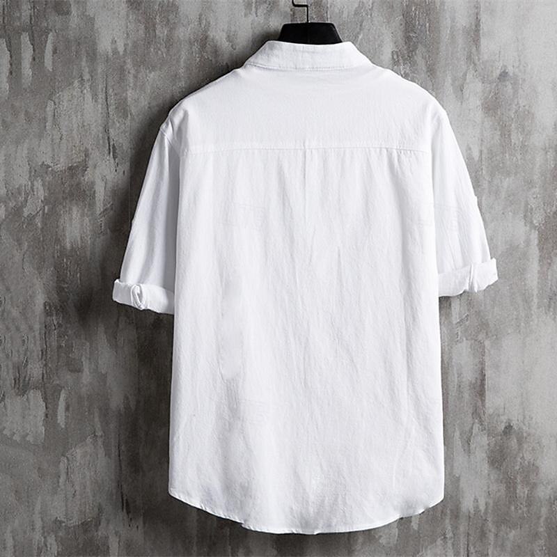 Men's Shirt Chinese Collar Shirt Mandarin Collar Shirt Summer Shirt Casual Shirt Beach Shirt Black White Green 3/4-Length Sleeve Plain Grandad Collar Turndown Vacation Holiday Clothing Apparel2