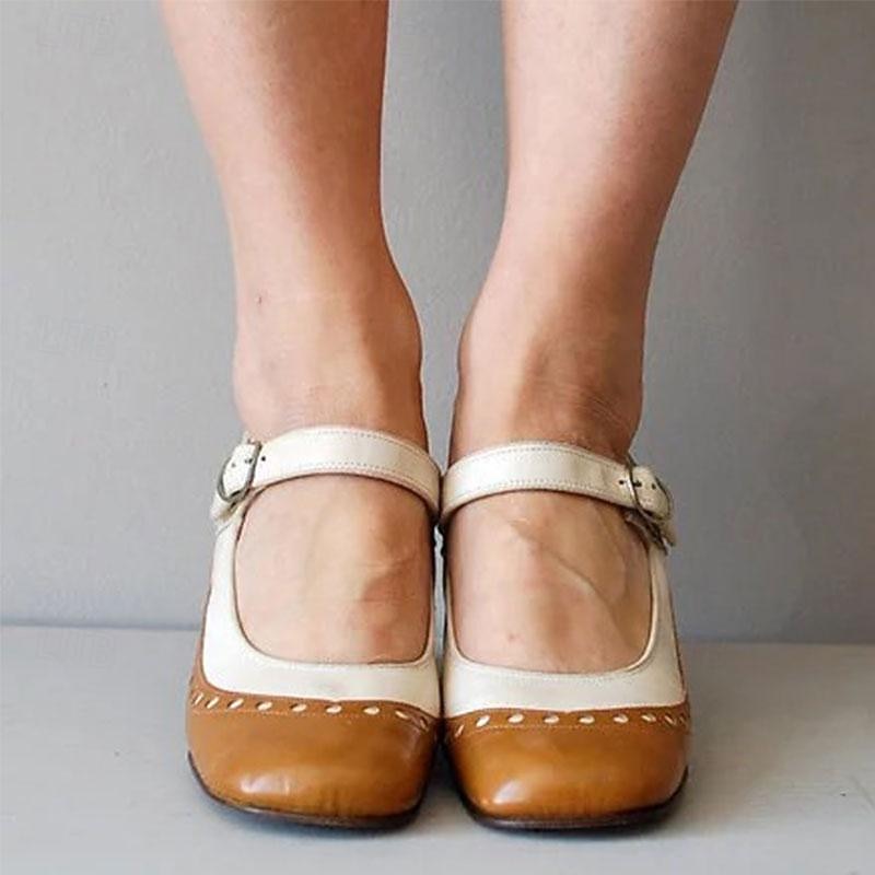 Women's Light Brown and White Mary Jane Heels with Decorative Buckle and Studded Detailing-Perfect for Vintage Gatsby-Inspired Events and Special Occasions2