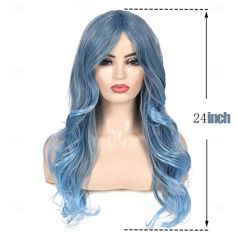 Blue Wig for Women Long Curly Wavy Pastel Blue Wig Side Part Synthetic Carnival Cosplay Wig2