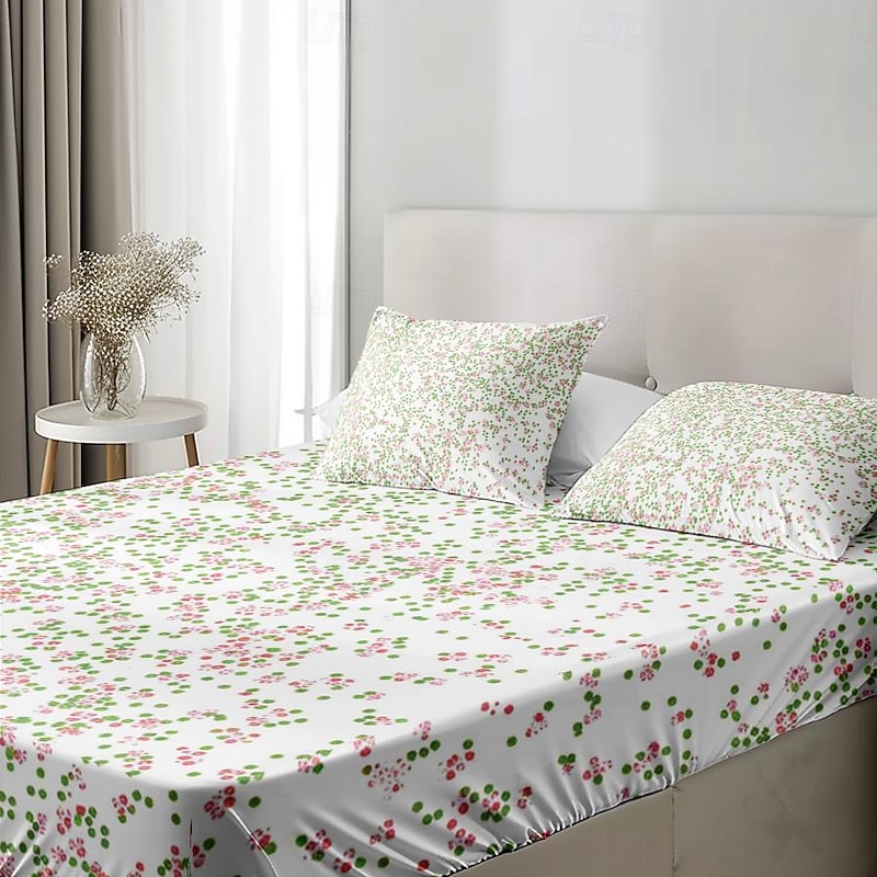 Floral Spring Fitted Sheet Set Ultra Soft Breathable 100% Cotton Silky Bed Sheets Deep Pocket Bedding Sheets 3 Piece Queen King Size4