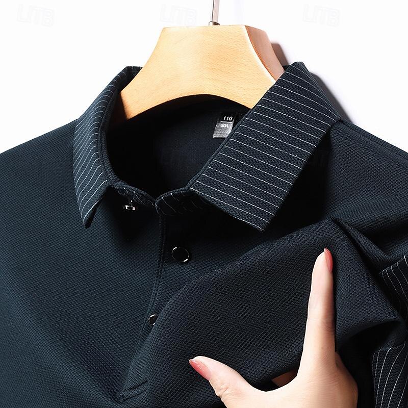 Men's Polo Shirt Golf Shirt Business Casual Lapel Long Sleeve Fashion Basic Color Block Stripes Button Color Block Spring &  Fall Regular Fit Black Navy Blue Green Khaki Grey Polo Shirt3