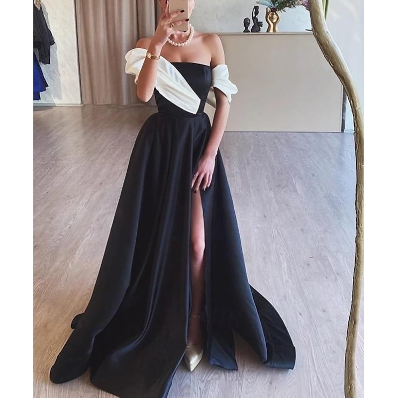 A-Line Evening Gown Elegant Dress Formal Prom Floor Length Sleeveless Off Shoulder Satin with Ruched Slit