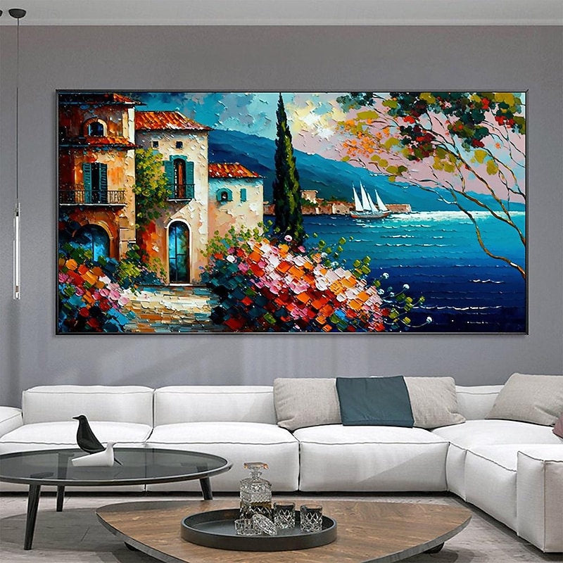 Hand painted  Mediterranean Landscape Oil Painting on canvas Impressionist Mediterranean-sea painting Canvas Art Textured Coastal painting Wall Art painting for Bedroom living room decoration