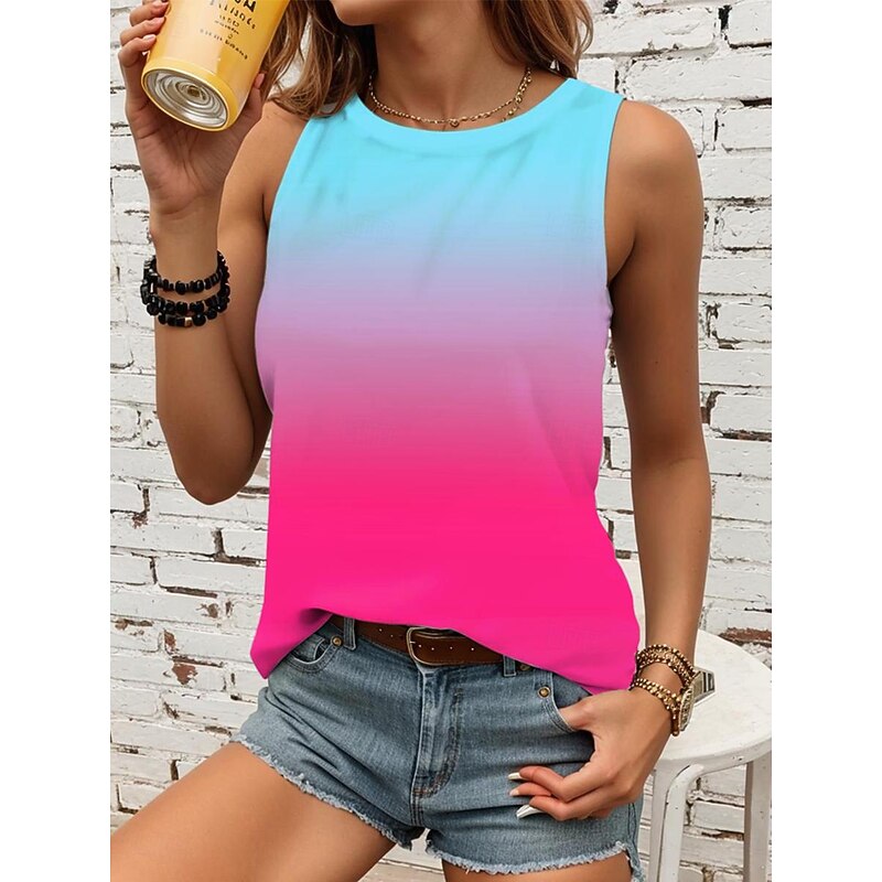 Women's Camisole Tank Top Vest Stylish Ombre Print Sleeveless Regular Tops Crew Neck Vacation Casual Pink Sky Blue Khaki Rainbow Summer3