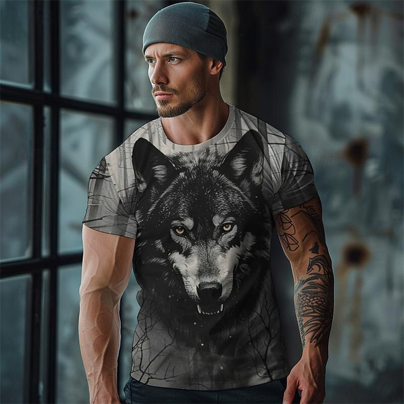 Men's Graphic Animal Wolf T Shirt Tee Top Short Sleeve T shirt 3D Print Crew Neck Shirt Designer Retro Vintage Casual Sports Outdoor Holiday Going out Khaki Dark Gray Gray Spring & Summer Clothing2
