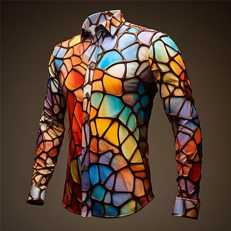 Men's Colorful Color Block Shirt Long Sleeve Artistic Abstract Daily Wear Going out Fall & Winter Turndown Print Button-Down Yellow Red Blue Mint Green Orange4