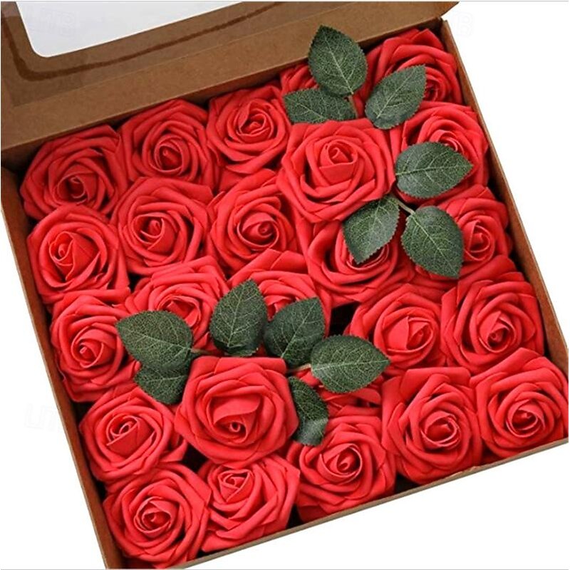 25pcs Red Roses Artificial Flowers Dark Red Roses Real Touch Foam Fake Roses Bulk With Stem Diy Craft Flowers For Wedding Bridal Bouquets Centerpiece2