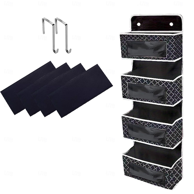 Over-the-Door Storage Bag: Featuring Floral and Solid Black Designs with White Borders, Equipped with 2 Hooks for Hanging, 4 Large Capacity Pockets for Filling, Suitable for Closets, Bathrooms, Nurseries, Bedrooms, Dormitories3