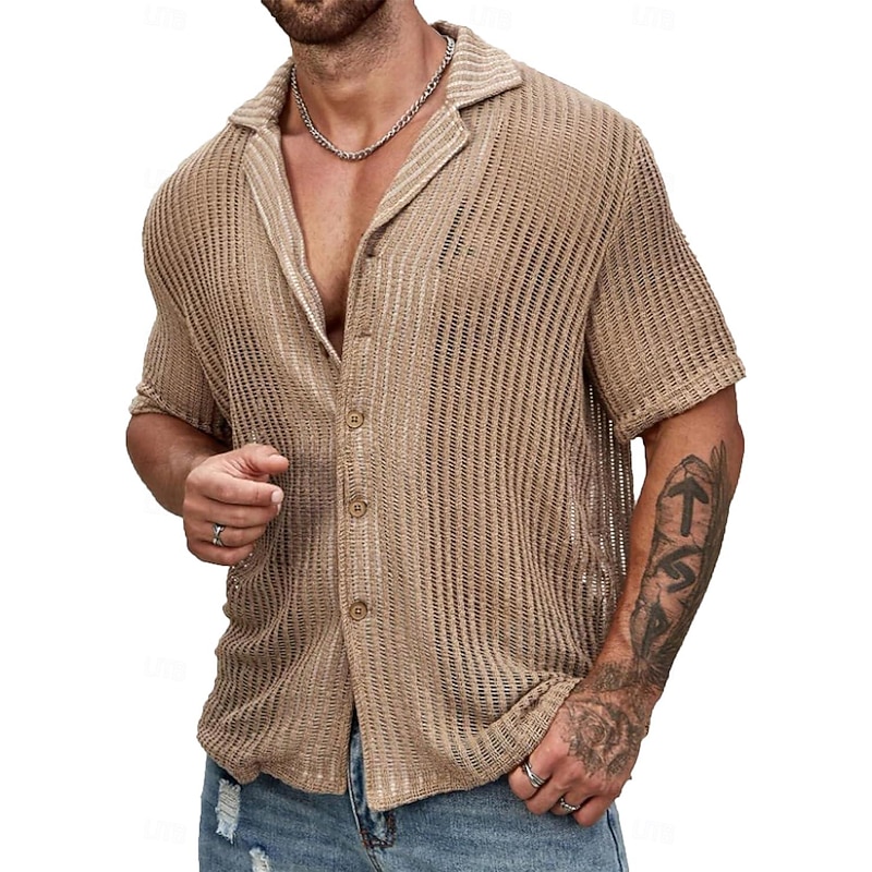 Men's Shirt Summer Shirt Button Up Shirt Black White Light Green Sky Blue khaki Short Sleeves Solid / Plain Color Open Front Daily Wear Hole Clothing Apparel Tropical4