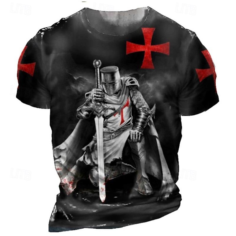 Men's Templar Cross Graphic Prints Soldier T Shirt Christian T Shirts Short Sleeve T shirt 3D Print Crew Neck Shirt Vintage Sports Designer Outdoor Street Daily Black / Gray Black+Black Black 1 Summer2