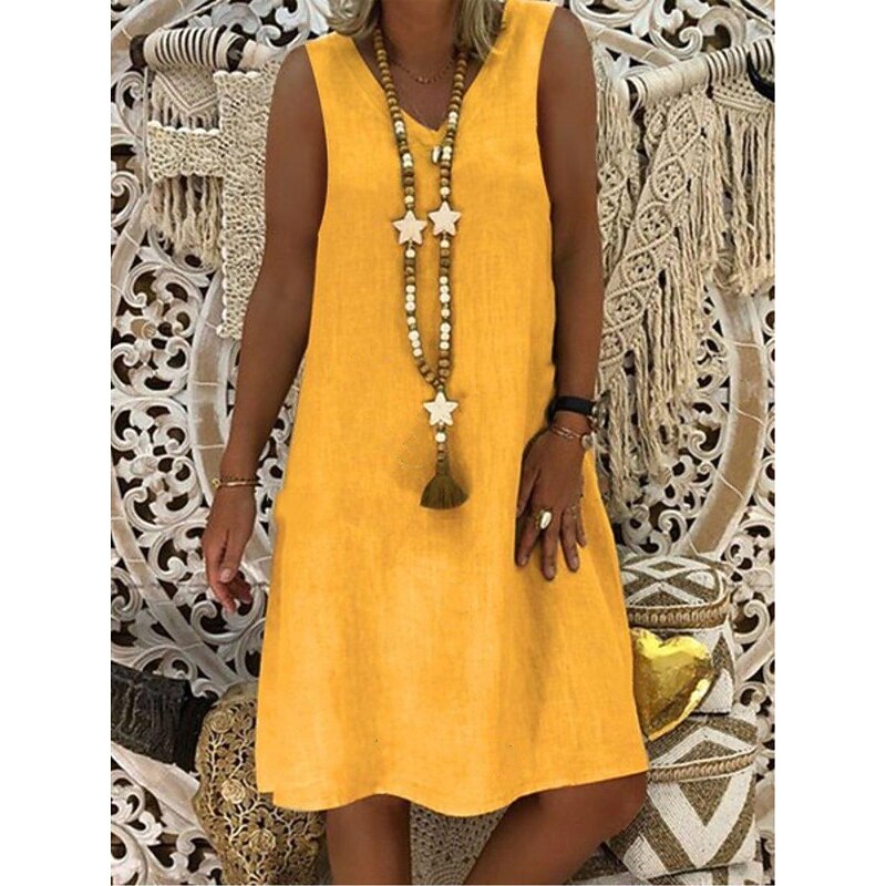 Women's Black Yellow Wine Summer Spring Mini Dress Cotton Linen Dresses Sundress Casual Vacation Daily Beach Regular Fit Plain V Neck4