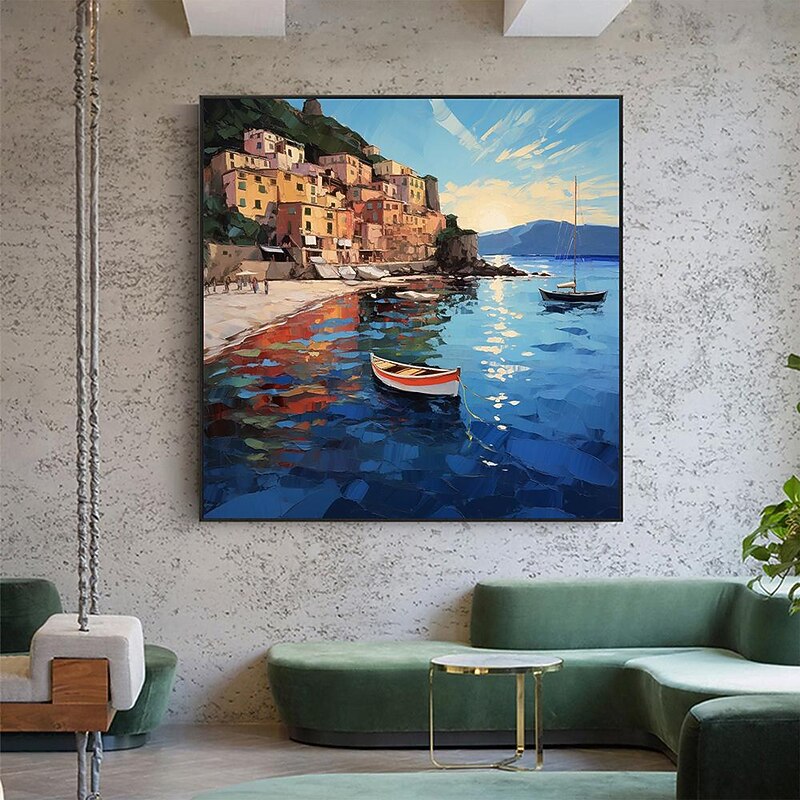 Mediterranean Oil Painting On Canvas hand painted Large Mediterranean Wall Art Abstract Seascape Art painting Blue Ocean Decor painting Custom Painting for Living room Home Decor4