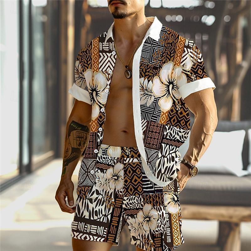 Men's Floral Geometric Pattern Ethnic 2pcs Shirts Sets Summer Hawaiian Shirt Short Sleeve Short Pants Turndown Vacation Hawaiian Outdoor Hawaiian Holiday Pocket Buttons Print Summer All Seasons