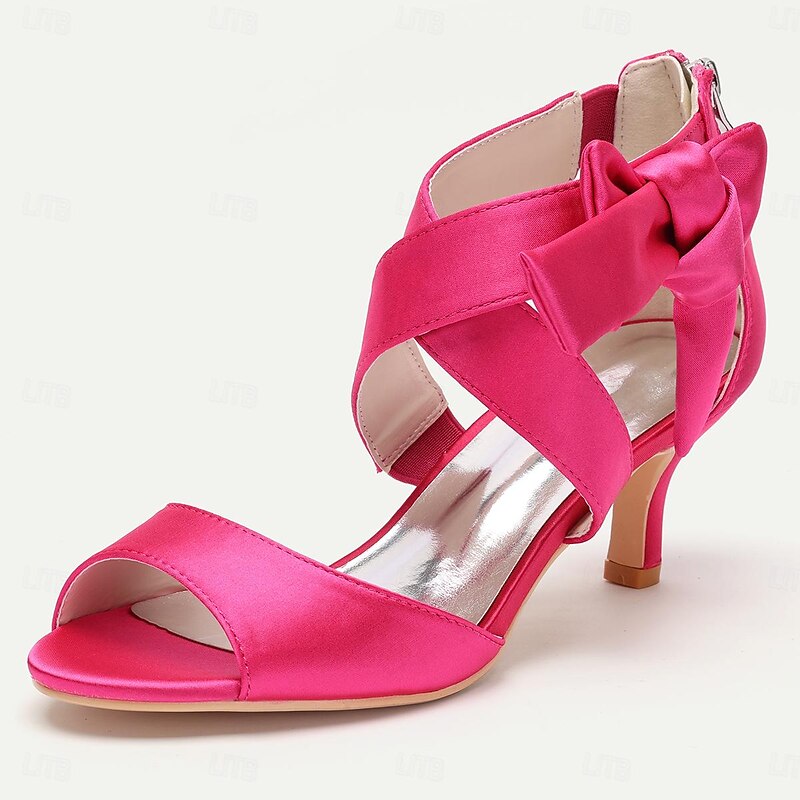 Women's Wedding Shoes Bridal Shoes Bowknot Kitten Heel Open Toe Satin Zipper Black White Ivory3