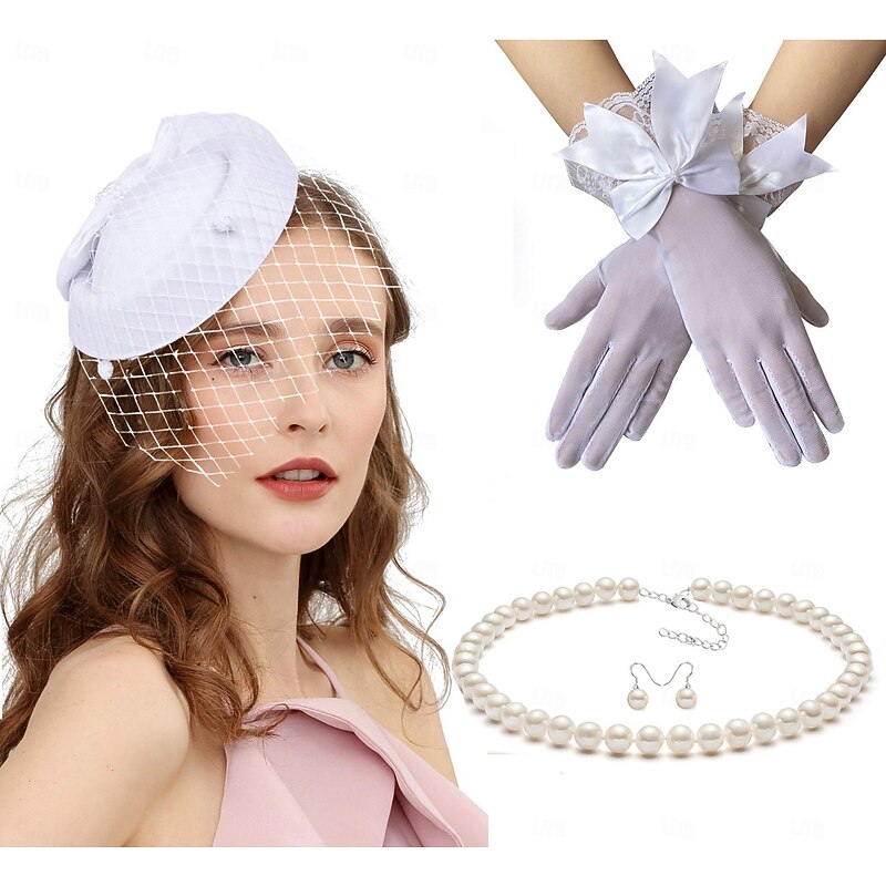 Classical Retro Vintage 1950s Outfits Pillbox Hat Fascinators Hat Bridal Fancy Dress Women's Carnival Valentine's Day Wedding Wedding Guest Party / Cocktail Gloves Necklace Headwear2