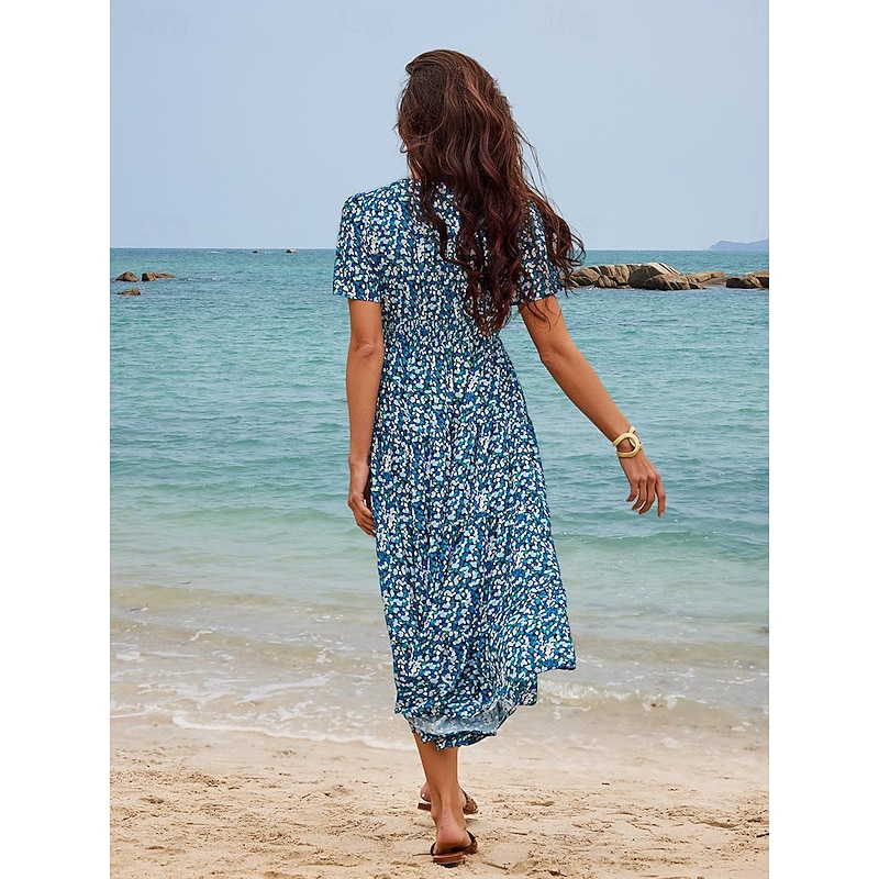 Women's Mid-Length Dress Short Sleeve V-neck Floral Print Bohemian Style Comfortable Beach Vacation Wear Blue White Summer Spring Clothing Apparel4