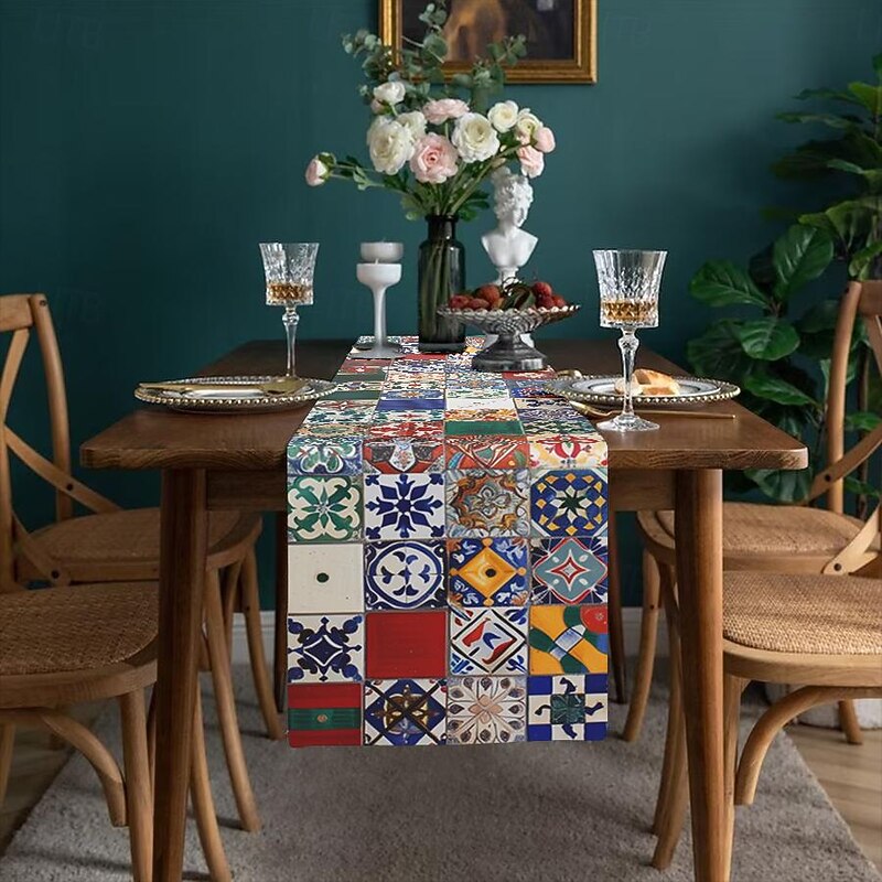 Boho Tile Splicing Print Country Style Table Runner, Kitchen Dining Table Decor, Print Decor Table Runners for Indoor Outdoor Home Farmhouse Holiday Wedding Birthday Party Decoration3