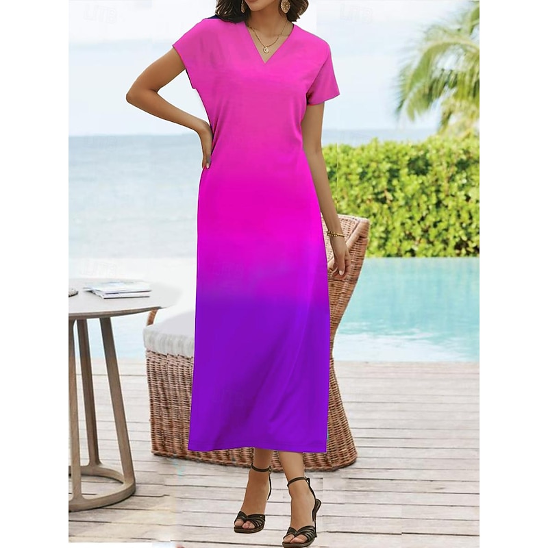 Women's Maxi Dress Casual Dress Sundress Shift Dress Tropical Drop Shoulder Vacation Loose Fit Ombre Rainbow Color Gradient Short Sleeve V Neck Blue Light Purple Orange Summer3