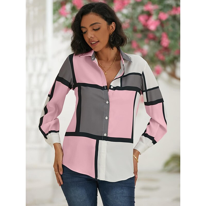 Women's Shirt Button Down Tunic Shirt Collar Long Sleeve Fashion Plaid s Print Regular Tops Casual Pink Purple Spring & Fall2