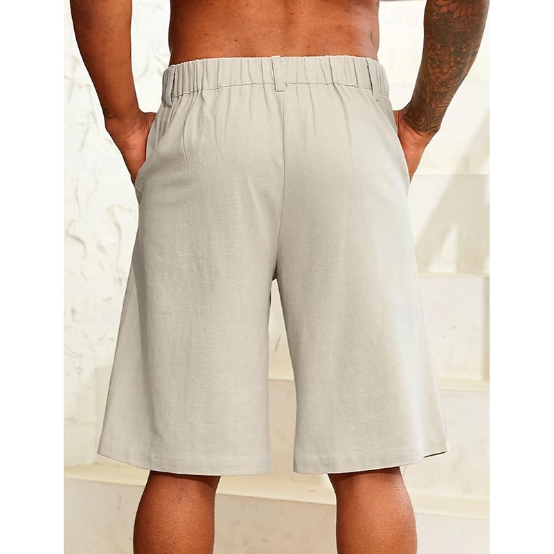 Men's Shorts Linen Shorts Summer Shorts Pocket Side Button Straight Leg Solid Color Comfort Breathable Knee Length Casual Daily Vacation Fashion White Blue Inelastic3