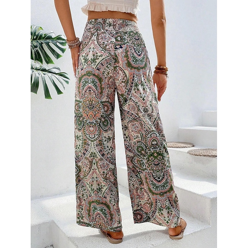 Women's Wide Leg Pants Trousers Casual Daily Long Floral Wide Leg Elastic Waistband Breathability Comfortable Micro-elastic Weekend Blue Red Green Khaki Spring & Summer Regular Fit4