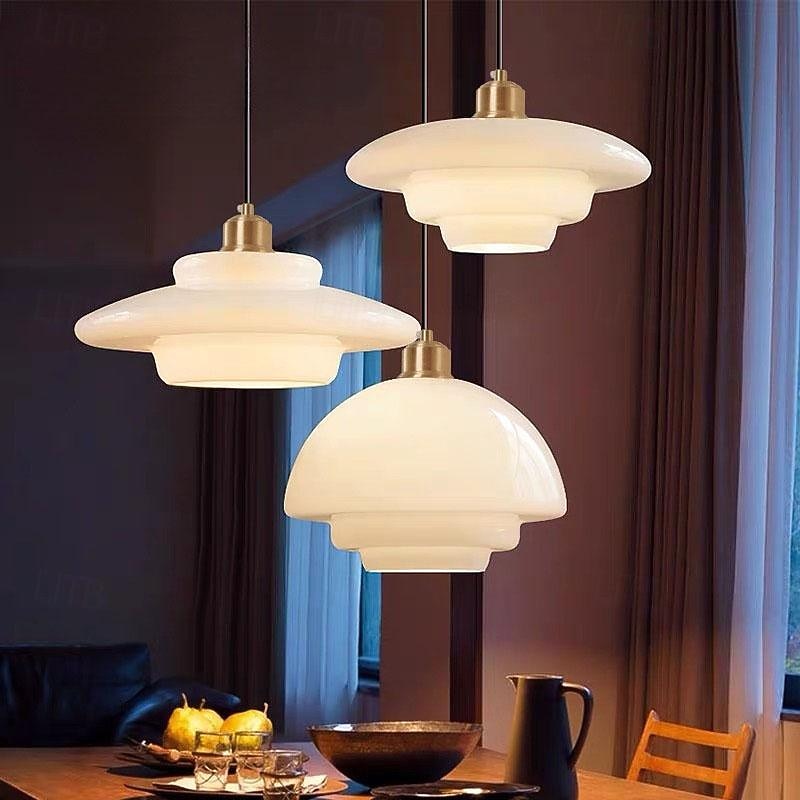 Farmhouse Drum Semi Flush Mount Ceiling Light Milk Glass Hallway Light Fixtures Ceiling Chandelier Large Gold Pole Nordic Modern Mid Century Lighting for Dining Room Ceiling Hung Opal Milk Corridor 85-265V - Main Image
