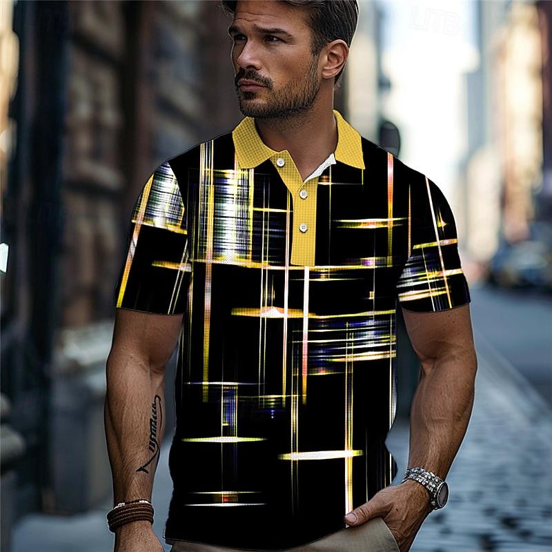 Men's Geometric Golf Shirt Short Sleeve Polo Shirts Collared Shirts Casual Beach Wear Vacation Wear Party Outfits Buttons 3D Print Summer Yellow Blue4