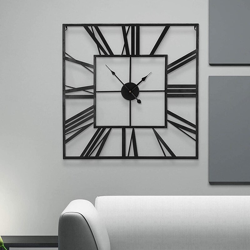 Large Wall Clock Roman Numeral Wall Clock Outdoor Garden Wall Clock Metal Square Skeleton Clock for Living Room Cafe Hotel Office Home Decor 58 cm