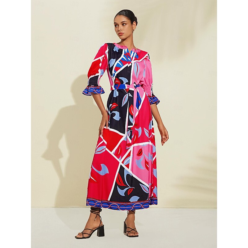 Satin Floral Block Print Round Neck Maxi Dress
