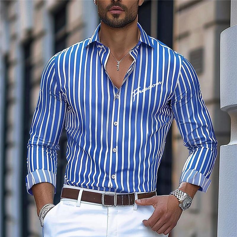 Men's Dress Shirt Printed Shirts Stripe Outdoor Street Royal Blue Blue Green Long Sleeve Turndown Spring & Summer Clothing Apparel Print3