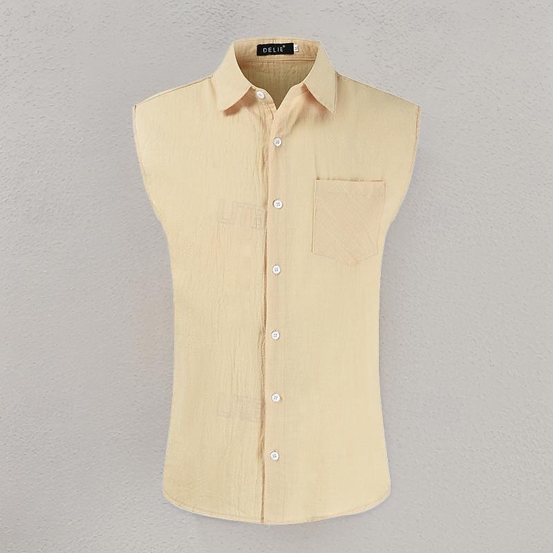Men's Shirt Linen Shirt Cotton Linen Shirt White Cotton Shirt Summer Shirt Beach Shirt Plain Vacation Street Khaki Army Green Sleeveless Lapel Summer Clothing Apparel Front Pocket