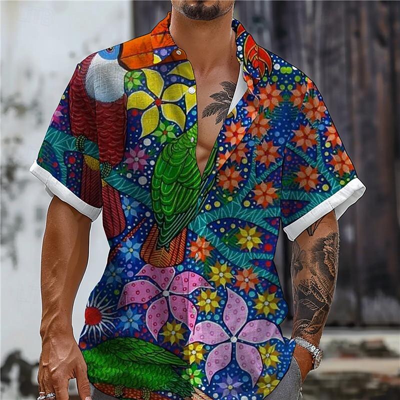 Men's Tropical Parrot Shirt Summer Hawaiian Shirt Aloha Shirt Short Sleeve Shirt Turndown Vacation Hawaiian Resort Style Outdoor Vacation Beach White Blue Green S M L4