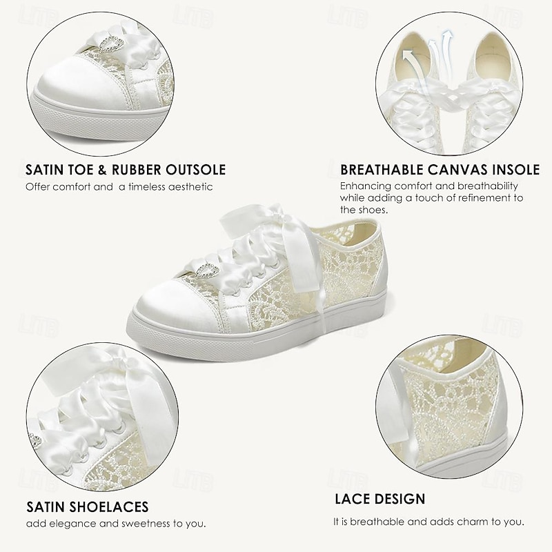 Women's Lace Wedding Sneakers with Ribbon Laces - White Bridal Flat Shoes for Comfort and Style3