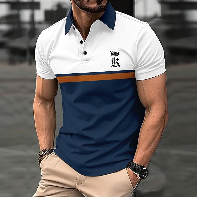 Men's Golf Shirt Golf Polo Work Casual Lapel Short Sleeve Basic Modern Color Block Patchwork Button Spring & Summer Regular Fit Black Dark navy Royal Blue Blue Orange Green Golf Shirt
