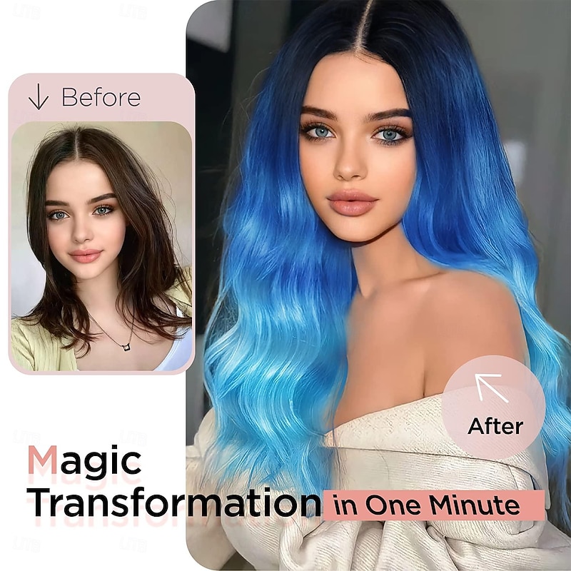 Long Blue Wavy Wigs for Women Ombre Blue Body Wave Mermaid Hair Wigs Long Curly Synthetic Hair for Daily or Cosplay Halloween Wigs4