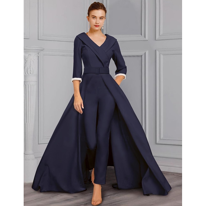 Jumpsuit Mother of the Bride  Tuxedo  Formal Wedding Guest Elegant detachable V Neck Floor Length Satin 3/4 Length Sleeve with Pearls