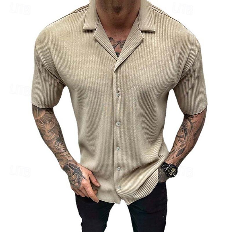 Men's Shirt Summer Shirt Casual Shirt Beach Shirt Cuban Collar Shirt Button Up Shirt Black White khaki Gray Short Sleeve Plain Collar Vacation Holiday Clothing Apparel Polyester Fashion Casual4