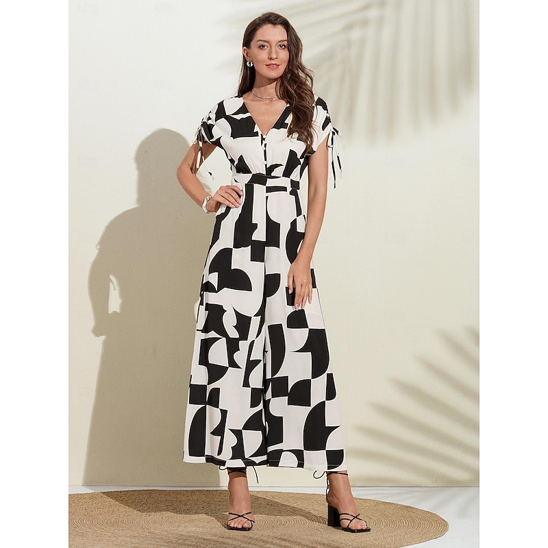 Button Drawstring Geometric Jumpsuit4