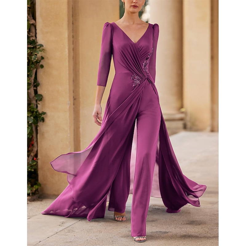 Jumpsuit Mother of the Bride Formal Wedding Guest Elegant Straight Neckline V Neck Floor Length Chiffon 3/4 Length Sleeve with Ruched Cascading Ruffles