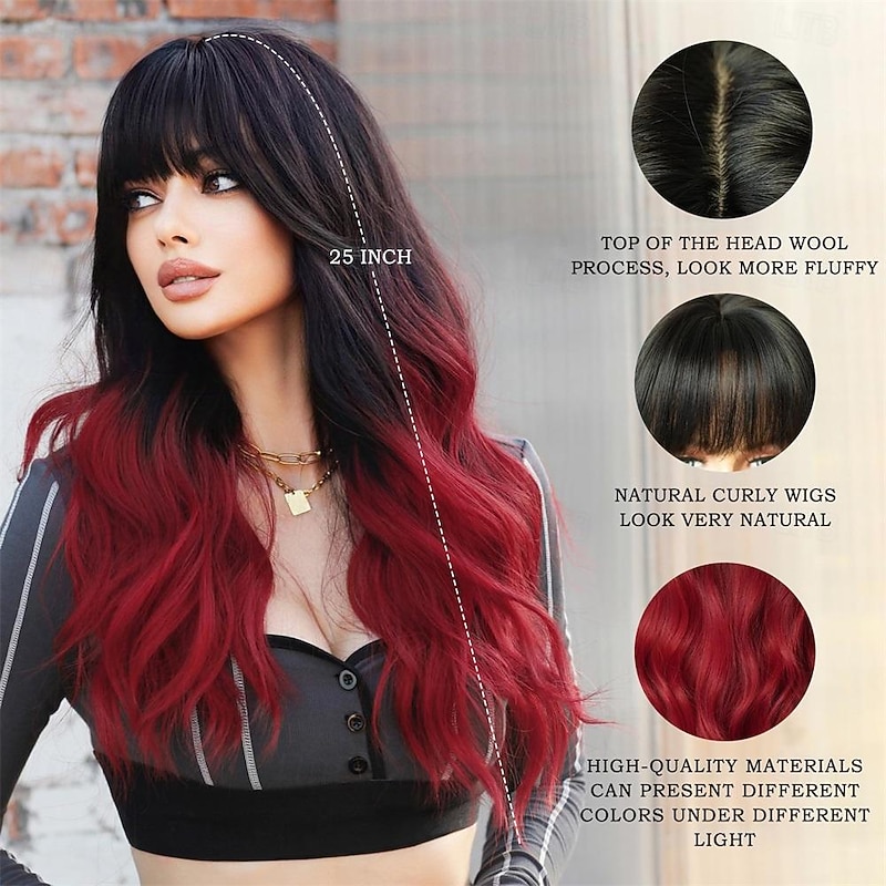 Long Wavy Wigs with Bangs 25in Black Ombre Red Synthetic Wig Heart Resiatant Wigs for Women Daily Party Cosplay Used2