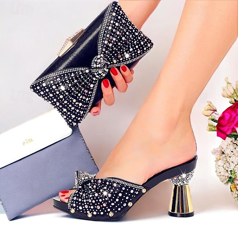 Women's Rhinestone Embellished Mules with Matching Clutch Bag – Elegant Black High Heel Shoes and Bow Detail for Weddings and Special Occasions 13