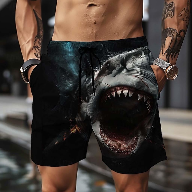 Men's Animal Shark 3D Print Swim Shorts Board Shorts Swimming Trunks Mid Waist Vacation Sports Streetwear Party Casual Daily Drawstring with Mesh lining Elastic Waist Designer Clothing Apparel