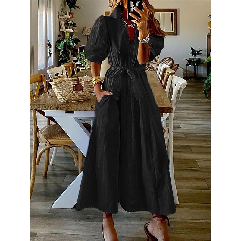 Women's White Dress Shirt Dress Maxi long Dress Office Business Date Basic Formal Shirt Collar Pocket Belted Half Sleeve Summer Spring4