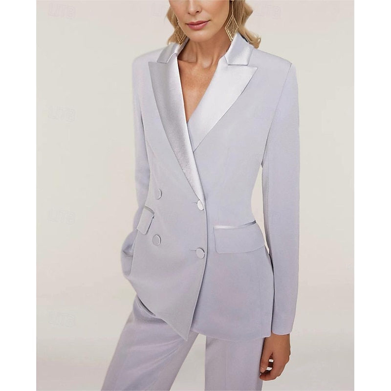 Women's 2 Pieces Suits Formal Wedding Guest Formal Evening Chiffon Elegant Simple Long Sleeve Ankle Length Peak Lapel Double Breasted3