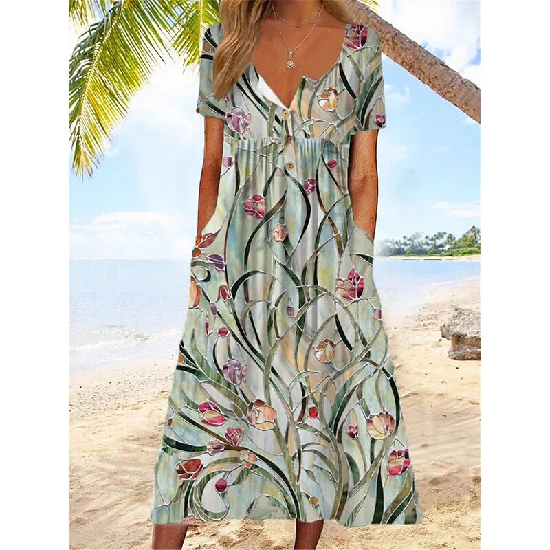 Women's Midi Dress V-Neck Floral Print Short Sleeve A-Line Comfort Blue Beach Party Spring Summer Fashion Clothing Apparel