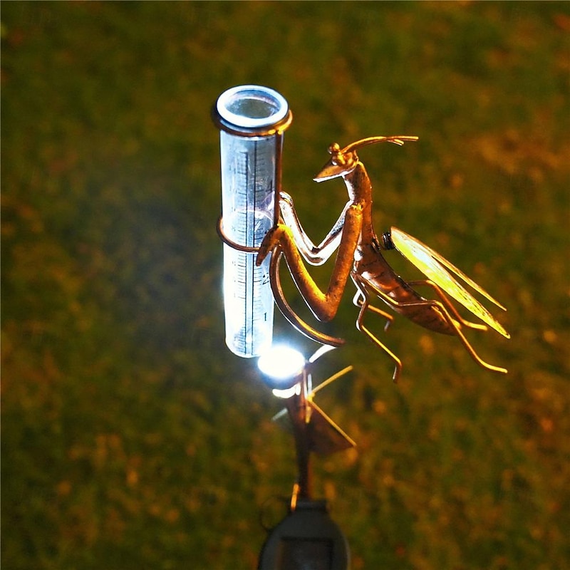 Solar Stake Light Powered Praying Mantis Rain Gauge Lamp Iron Art Animal Lawn Lamp Metal Handicraft Simulation Lawn Ground Insertion Lamp Garden Courtyard Decorative Lamp2