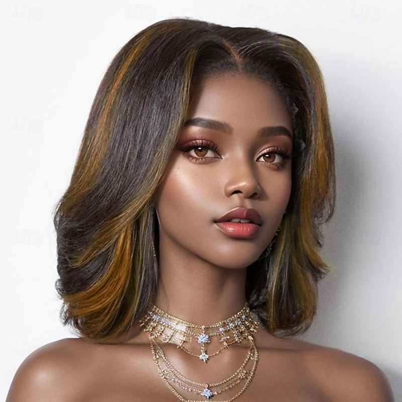 13x4 Bob Wig Human Hair Lace Front Wigs for Black Women Lace Brown Blonde Highlights Wigs Pre Plucked 200% Density  Wigs Human Hair Loose Body Wave Short Bob Wig Brazilian